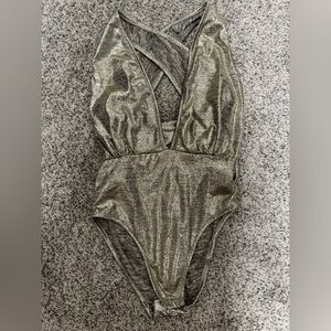 Boohoo Paige Plunge Wrapback Metallic Bodysuit